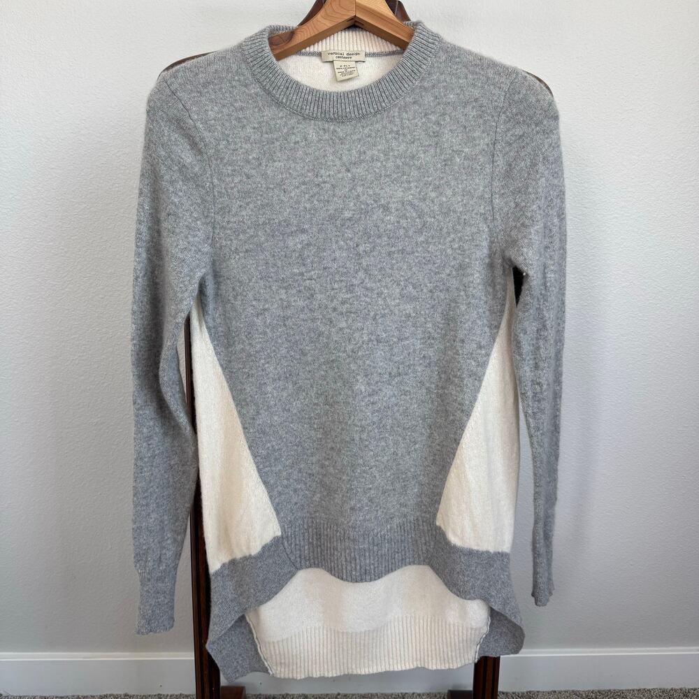 Vertical Design 100% Cashmere Sweater Gray Ivory Colorblock Hi-Low Crew Neck M
